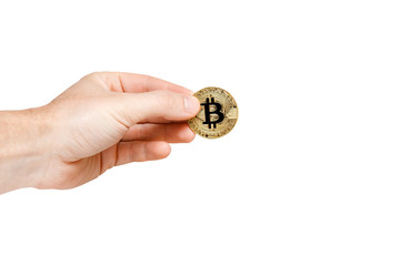 Bitcoin. Bitcoin with hand on isolated background