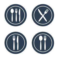 Plate fork spoon and knife icons on white background.