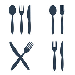 Plate fork spoon and knife icons on white background.