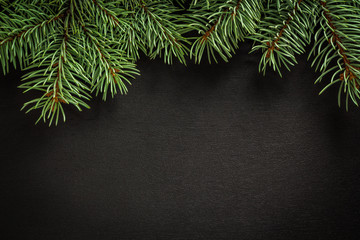  cones and spruce branches on the New Year`s black background.