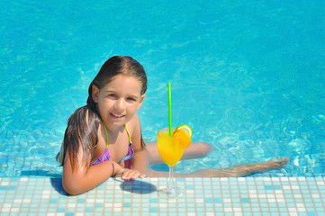 Real adorable girl relaxing in swimming pool