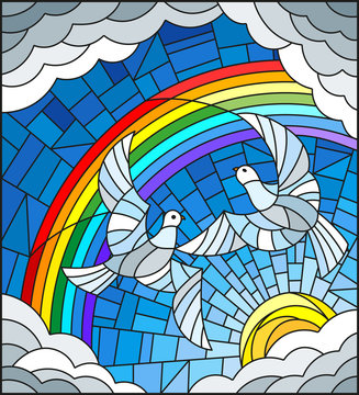 Illustration in stained glass style with a pair of pigeons on the background of sky, sun , clouds and rainbow