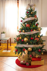 Christmas Tree with Wrapped Gifts. Selective Focus.