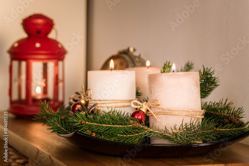 Candles And Decorations On A Coffee Table With Red Candles And Decorations On A Coffee Table With Red Lantern In Background Selective