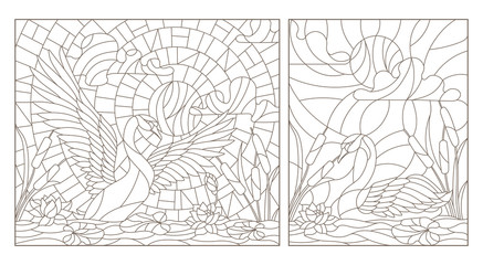 Set contour illustrations of stained glass with swans and lotuses on a pond on a background sky and sun