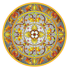 Illustration in stained glass style, round mirror image with floral ornaments and swirls on a gray background