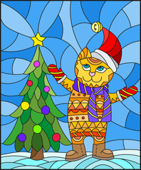Illustration in stained glass style with funny cat in Santa hat and Christmas tree on a background of snow and sky