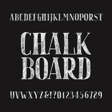 Chalk board alphabet font. Hand drawn type letters and numbers on a dark background. Stock vector typeface for your headers or any typography design.