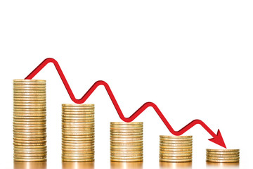 Stack of money coins arranged as a graph on wooden table with red arrow indicates economic downturn on white background, concept of business and finance downturn