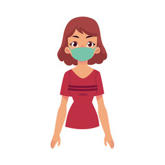 Vector flat young woman wearing protection mask, standing in red t-shirt. Cartoon isolated illustration on a white background. Illness and disease symptoms concept