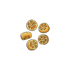 Raw, uncooked wagon wheel shaped Italian pasta, Rotelle, sketch style vector illustration on white background. Realistic hand drawing of wagon wheel shaped Italian pasta