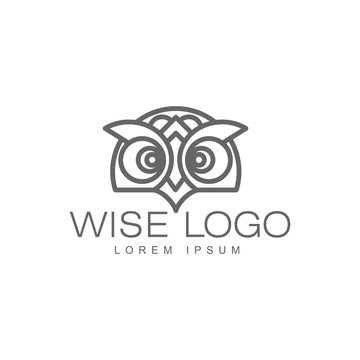 wise hand drawn wise owl head closeup ,brand logo stylized design silhouette pictogram. Line icon bird isolated illustration on a white background.