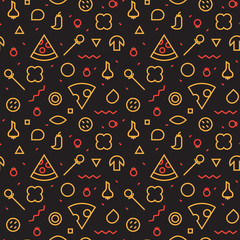 Vector Seamless texture. Slices and various ingredients. Memphis style.