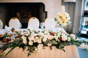 Just married table. Wedding table decoration in restaurant for couple