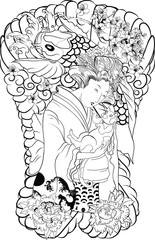 Traditional Japanese wave poster.Japanese women in kimono with her cat and Koi carp.Hand drawn geisha girl and kitten on wave background.Koi fish with peony flower and Fuji mountain background.