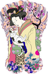 Hand drawn geisha women hug kitten.Japanese women in kimono with her cat.Traditional Japanese tattoo style.colorful art and doodle vector.cherry blossom and cloud background.