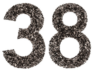 Arabic numeral 38, thirty eight, from black a natural charcoal, isolated on white background
