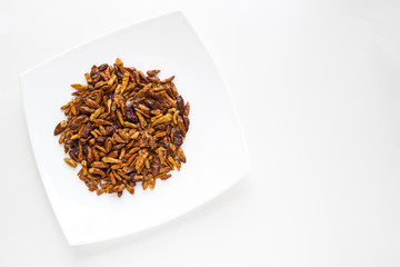 dried hot chili pepper on a plate on a white background
