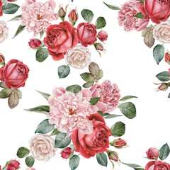 Floral seamless pattern with watercolor red roses and peonies - obrazy, fototapety, plakaty