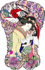 Traditional Japanese wave poster.Japanese women in kimono with her cat and Koi carp.Hand drawn geisha girl and kitten on wave background.Koi fish with peony flower and Fuji mountain background.