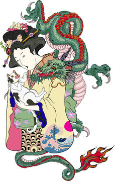 Traditional Japanese tattoo style.Japanese women in kimono with her cat and Old dragon.Hand drawn geisha girl and kitten on back tattoo.Old dragon with peony flower and chrysanthemum on background.