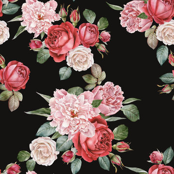 Fototapeta Kwiatowy wzór z akwarela czerwonych róż i piwonie