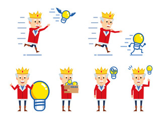 Set of funny king characters posing with idea light bulb. Old king pointing to idea, chasing flying away light bulb and showing other actions. Flat style vector illustration