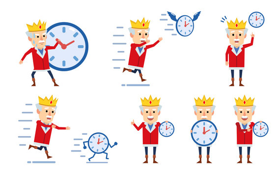 Set of funny king characters posing with watches. Old king chasing running away time, holding watches and showing other actions. Flat style vector illustration
