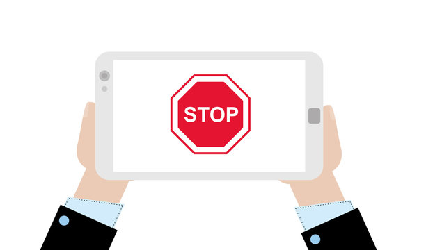 Gesch&auml;ftsmann mit Tablet - Stop Schild