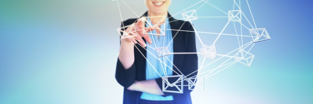 Composite image of mid section of smiling businesswoman pointing