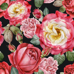 Floral seamless pattern with watercolor roses and peonies - 184687598