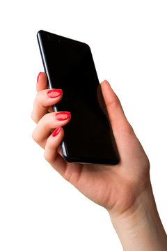 Black Phone In An Elegant Female Hand.