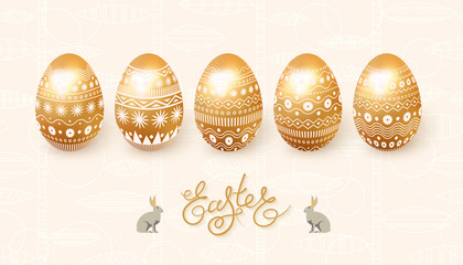 Happy Easter. A set of 3D colored eggs with an ornament. Lettering, Easter rabbit. Vector illustration