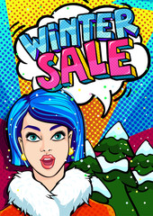 Open mouth and Winter Sale Message in pop art style