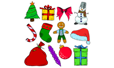 
Ensemble d'éléments de Noël colorés dessinés à la main
