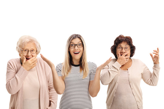 Two elderly women and a young woman making surprise gestures