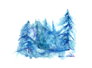 Watercolor group of trees - fir, pine, cedar, fir-tree. Blue, winter forest, landscape, forest landscape. Winter handmade drawing.
