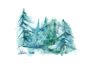 Watercolor group of trees - fir, pine, cedar, fir-tree. Blue, winter forest, landscape, forest landscape. Winter handmade drawing.