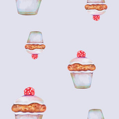 Seamless hand drawn cup cake cute patten with natural pencil texture. Elegant fresh and modern background for cooking or kitchen designs.