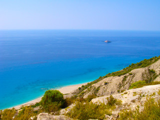 Beautiful blue sea and beaches at Greek island of Lefkada.