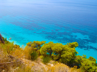 Beautiful blue sea and beaches at Greek island of Lefkada.