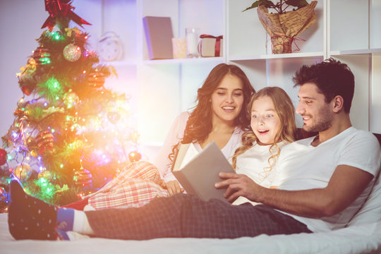 The family read the book near the christmas tree. evening time