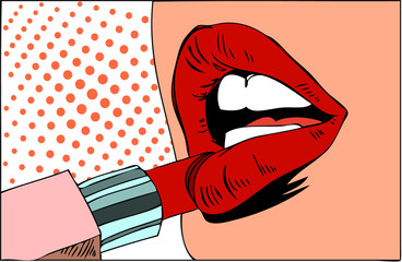 Pop art makeup. Closeup of sexy girl paints her lips with lipstick in her hand and empty speech bubble © r.lsnk