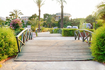 View of beautiful park with wooden bridge and tropical palms at resort