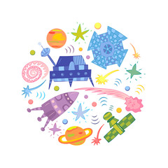 Colorful Hand Drawn Doodle Spaceships, Rockets, Falling Stars, Planets and Comets Arranged in a Circle. Vector Illustration.