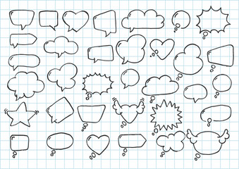 Artistic collection of hand drawn doodle style comic balloon, cloud, heart shaped design elements. Isolated and real pen sketch. Vector Illustration
