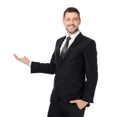Attractive young man in formal wear on white background