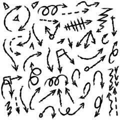 Arrow doodles vector. A set of simple sketches of arrows. Up, down, left, right ones. The effect of a pencil sketch isolated on white background.. Vector eps 10.