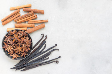 Different kinds of aromatic winter spices on gray concrete background, top view, copy space, horizontal