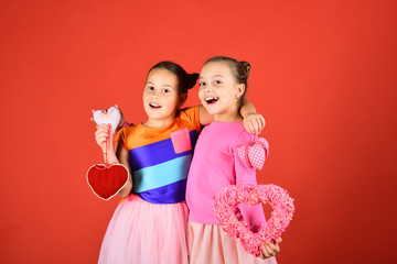 Children celebrate Valentines day. Sisters with furry and soft hearts